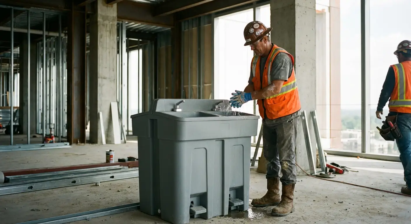 A dual-basin hand wash station positioned on a concrete floor of a high-rise construction site with the city skyline visible through open steel framing. in Alexandria, VA