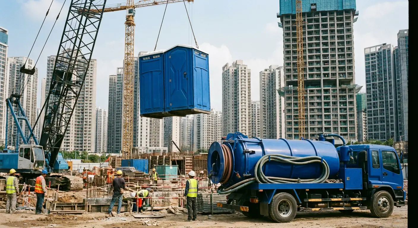 A High-Rise Crane Liftable Toilet unit suspended in mid-air by a crane against a city skyline during the day, showcasing the steel sling attachment. in Alexandria, VA