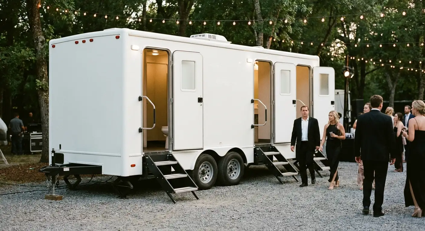 Exterior of a Luxury Restroom Trailer at an evening event, warm lighting spilling from the door, positioned discreetly near a manicured lawn. in Alexandria, VA