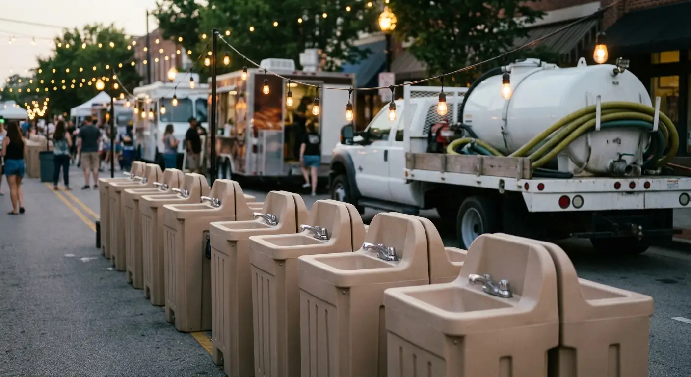 A row of clean, grey portable hand wash stations set up on pavement near food trucks, with blurred festival lights and crowd in the background. in Alexandria, VA