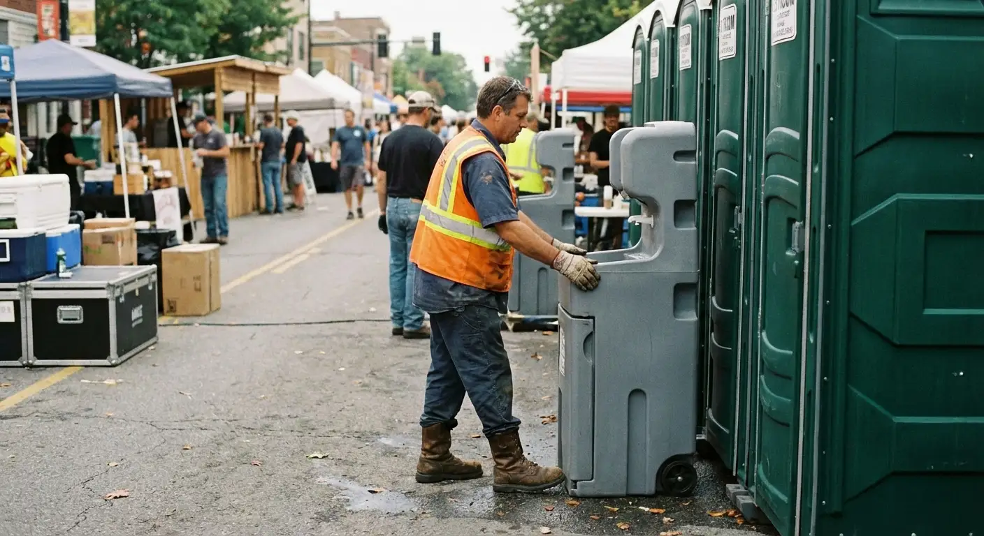 A row of pristine Special Event Portable Restrooms and hand wash stations lined up along a festival barrier with blurred crowds in the background. in Alexandria, VA