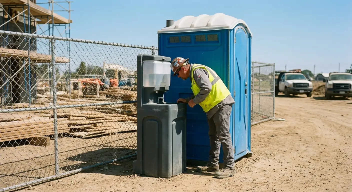 A close-up view of a portable hand wash station next to a portable toilet on a dirt construction site, focusing on the foot pump mechanism. in Alexandria, VA