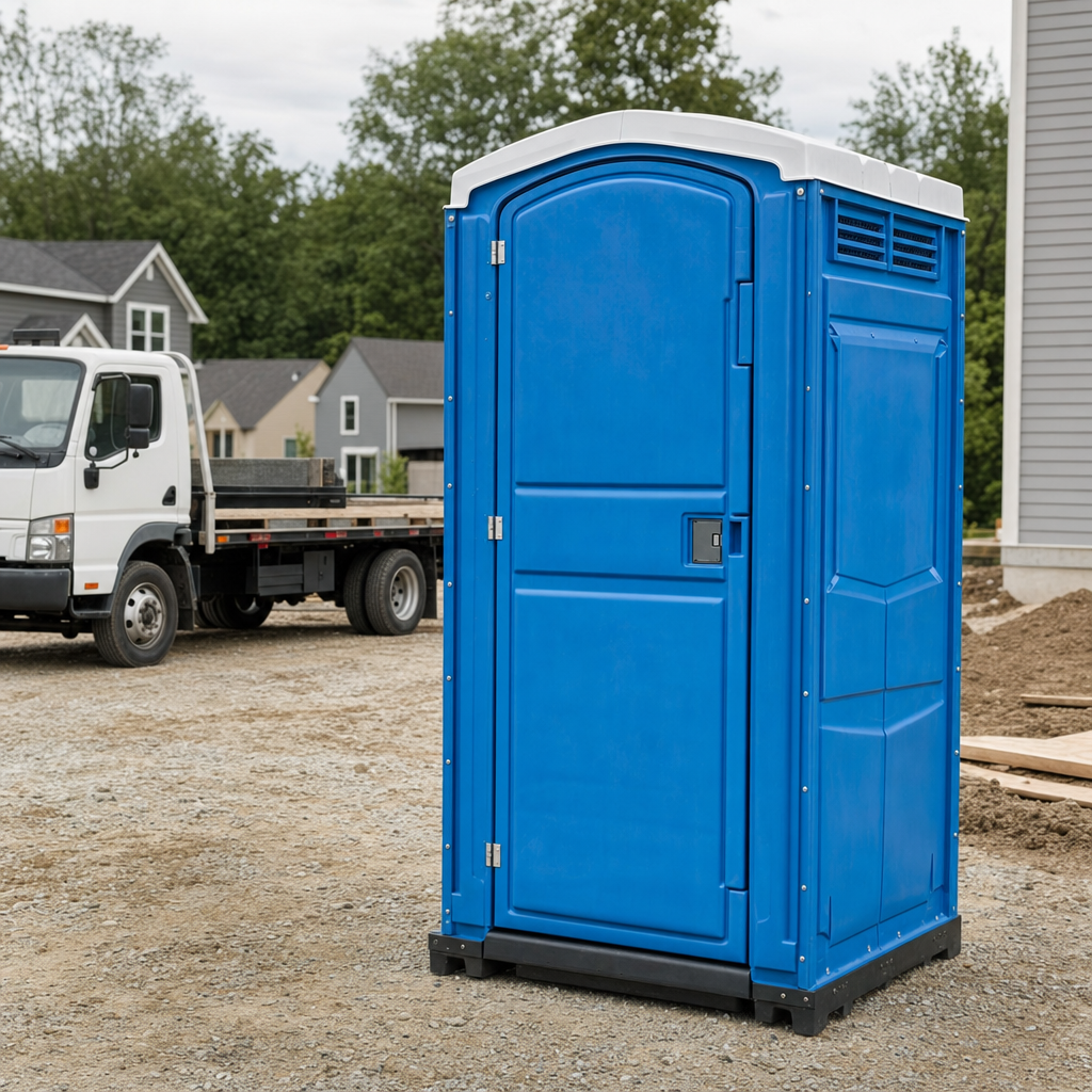 Delivery driver positioning a clean royal-blue portable toilet on level ground at a Alexandria worksite