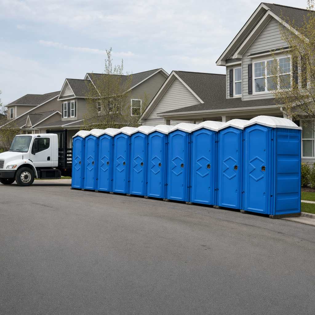 Royal blue portable toilets staged in a tidy row at a Alexandria jobsite, ready for delivery